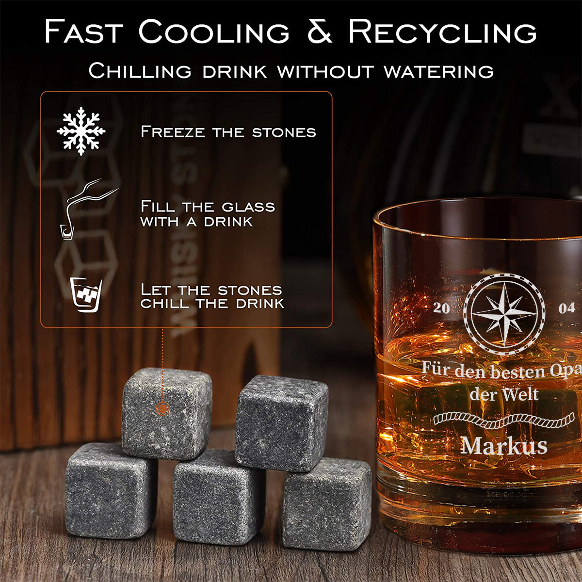 Whisky Steine Set 5-teilig mit Gravur für Opa