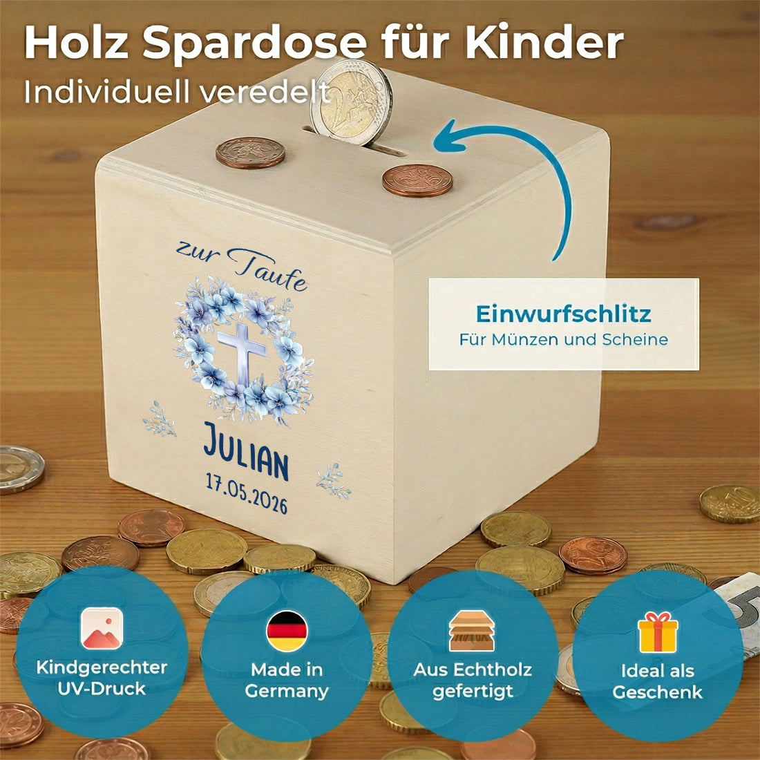 Detailansicht des hochwertigen UV-Drucks auf der glatten Holzoberfläche der Spardose.
