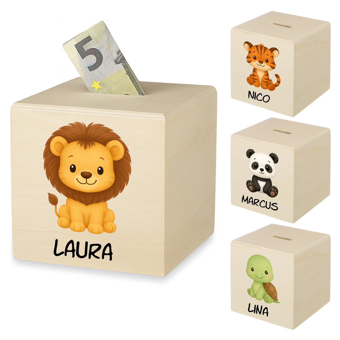 Holzspardosen mit Löwe, Tiger, Panda und Schildkröte als Beispiele der Tiermotive mit Wunschnamen