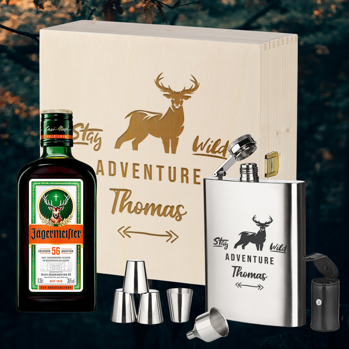 3-Teiliges Geschenkset mit Jägermeister & Flachmann