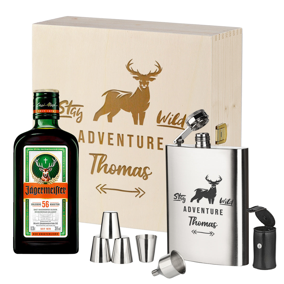 3-Teiliges Geschenkset mit Jägermeister & Flachmann