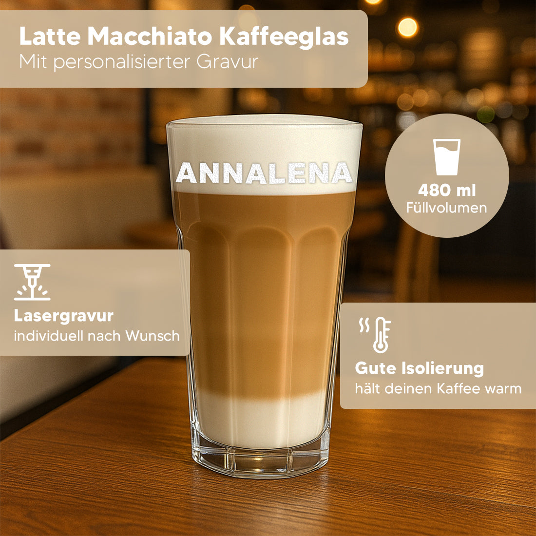 Kaffeebecher 480 ml aus Glas mit personalisierter Gravur - mit Namen