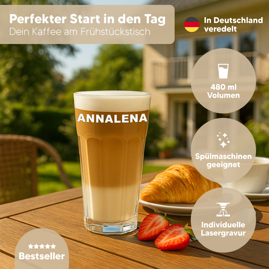 Kaffeebecher 480 ml aus Glas mit personalisierter Gravur - mit Namen