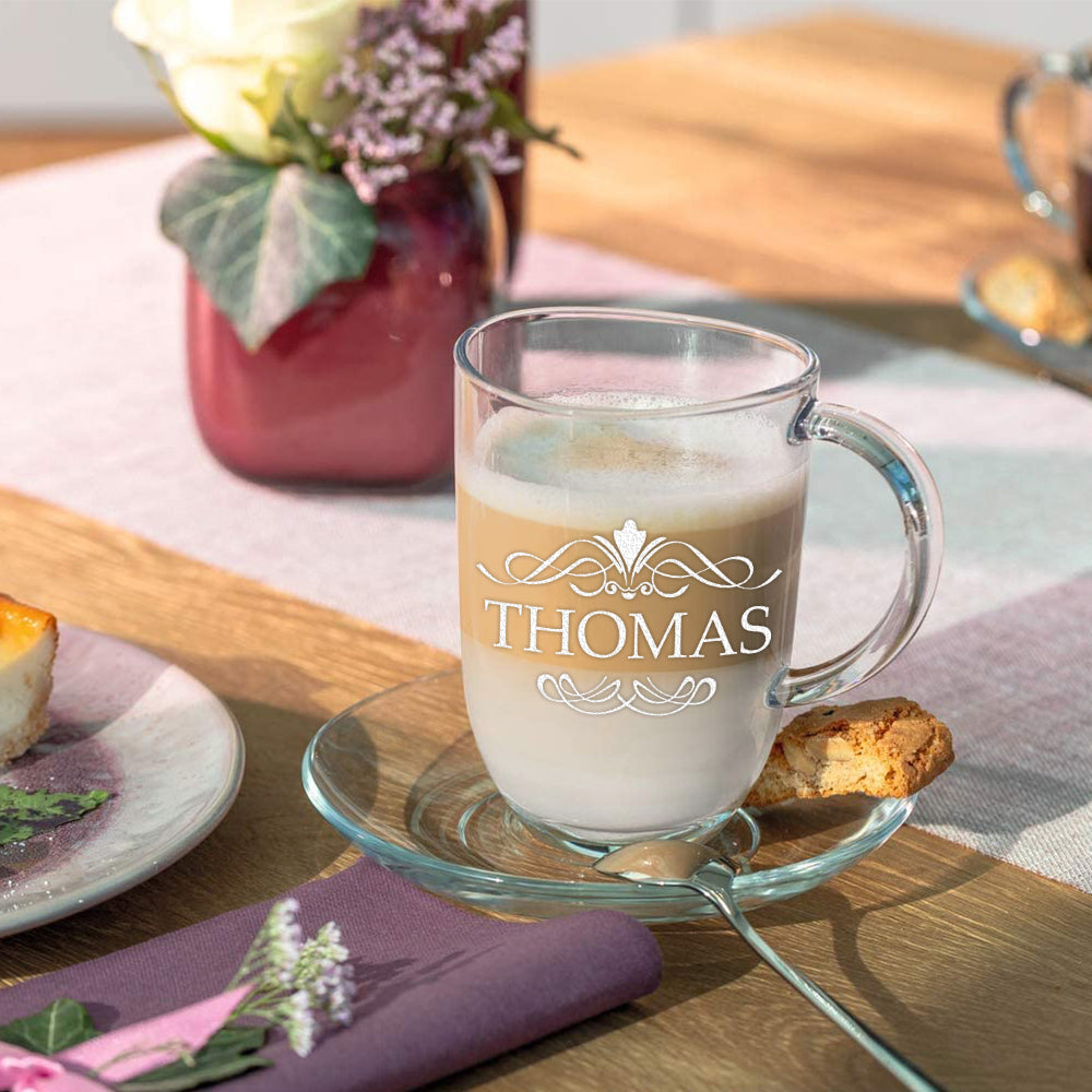 Glasbecher 380 ml für Kaffee & Tee mit Gravur - individuell personalisiert