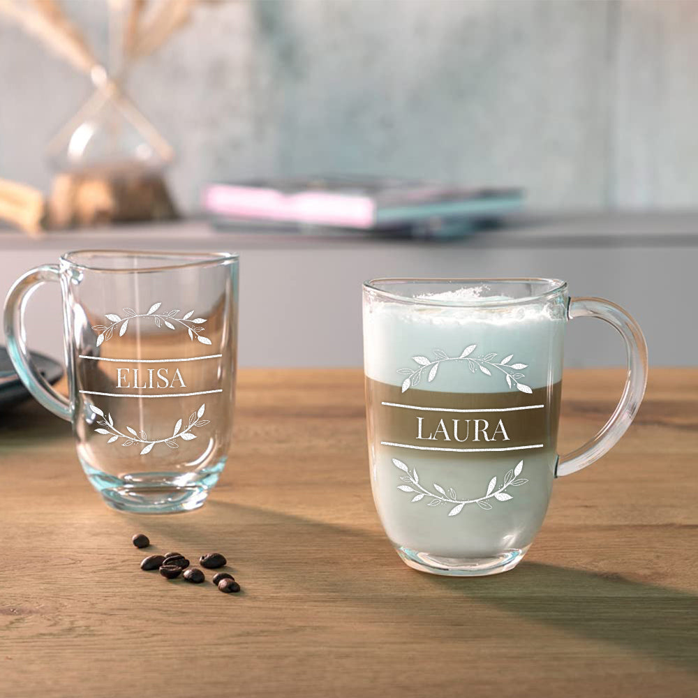 Kaffee Glasbecher 380 ml mit personalisierter Gravur - Motiv Blumenkreis