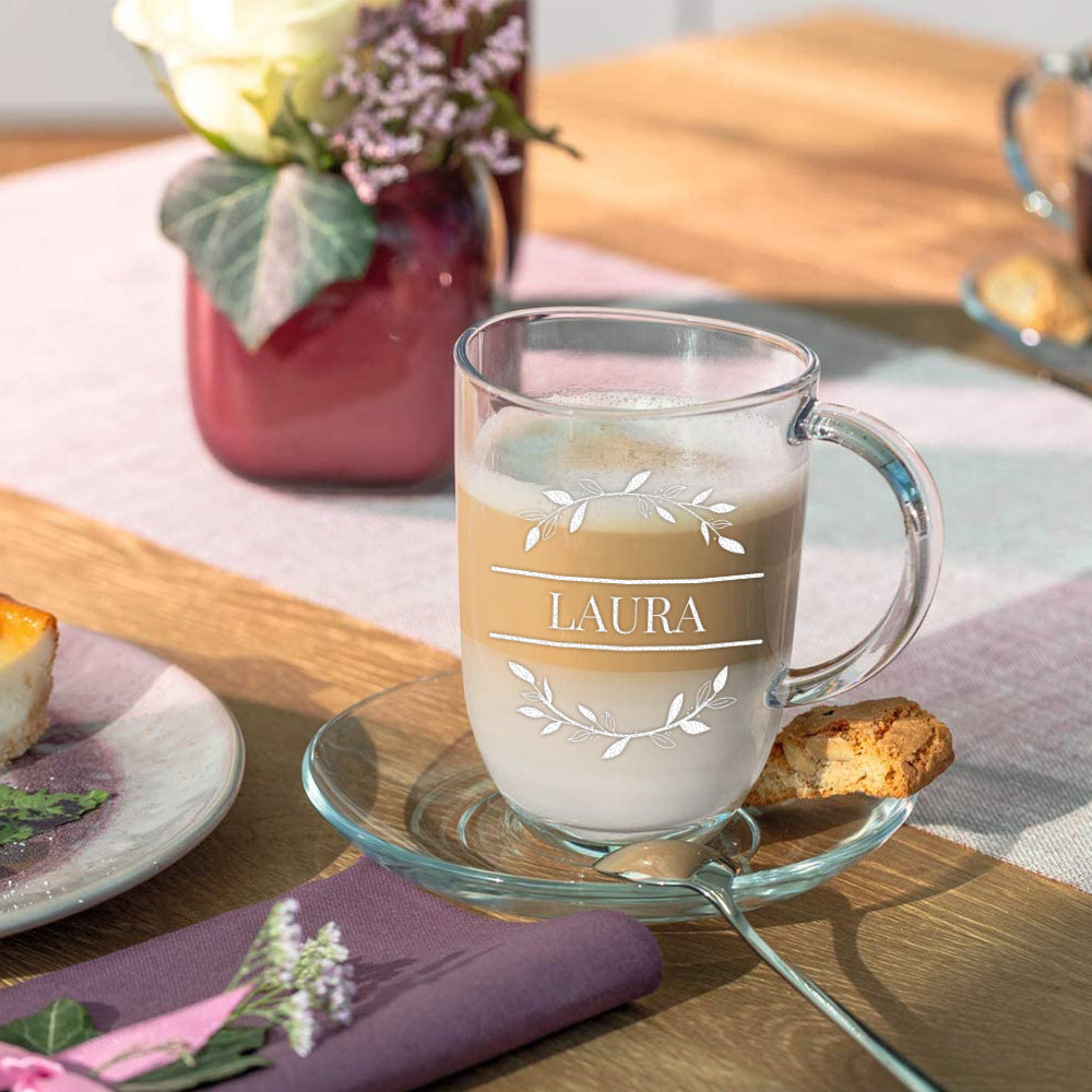 Kaffee Glasbecher 380 ml mit personalisierter Gravur - Motiv Blumenkreis