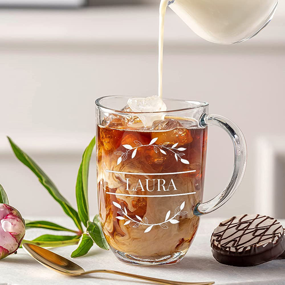 Kaffee Glasbecher 380 ml mit personalisierter Gravur - Motiv Blumenkreis