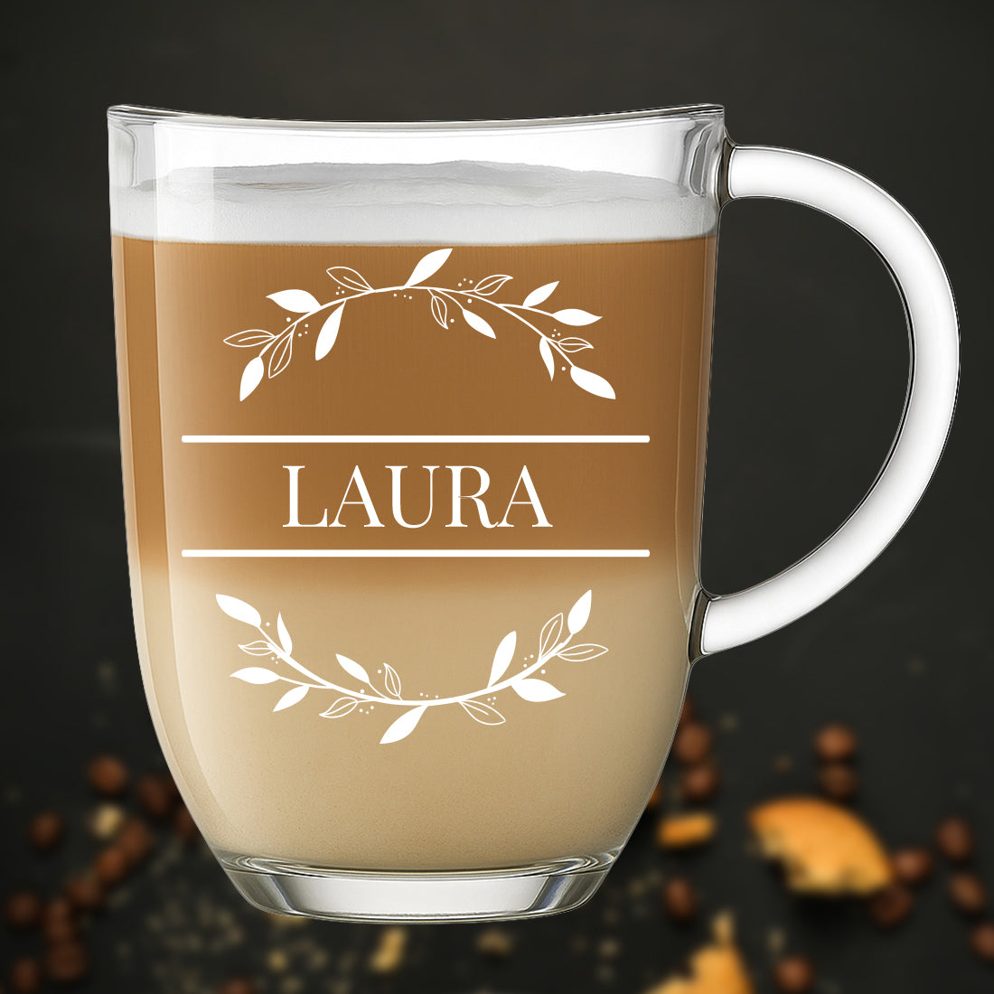 Kaffee Glasbecher 380 ml mit personalisierter Gravur - Motiv Blumenkreis