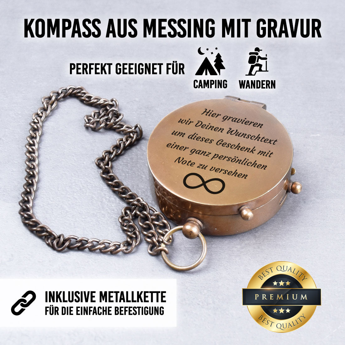 Gravierter Kompass aus Messing mit Kette in antiker Optik personalisiert