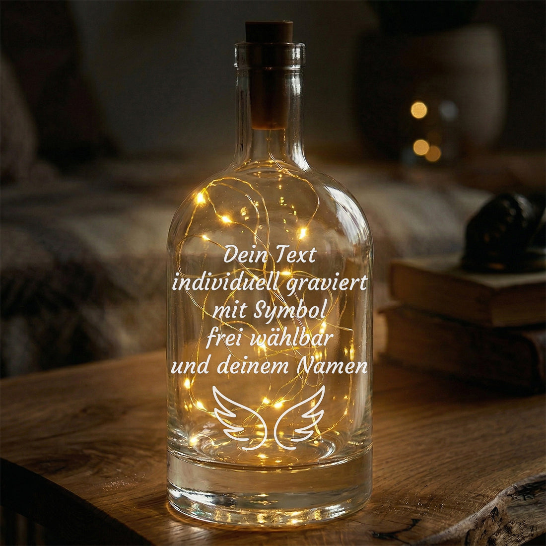 Gravierte LED-Glasflasche mit Infinity-Symbol und Wunschtext für Jahrestage oder Hochzeiten.