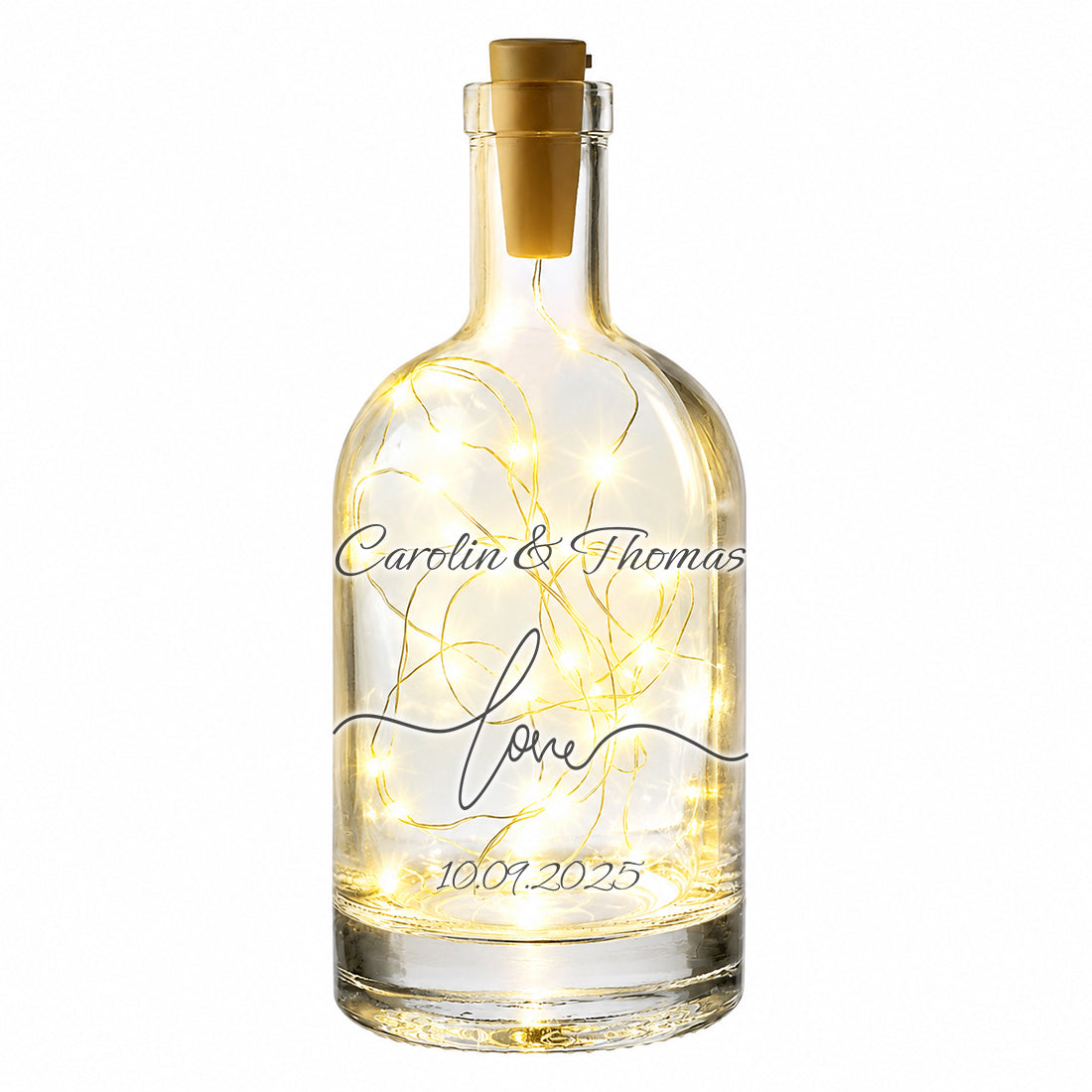 Personalisierte Leuchtflasche mit elegantem Love-Schriftzug und Wunschnamen