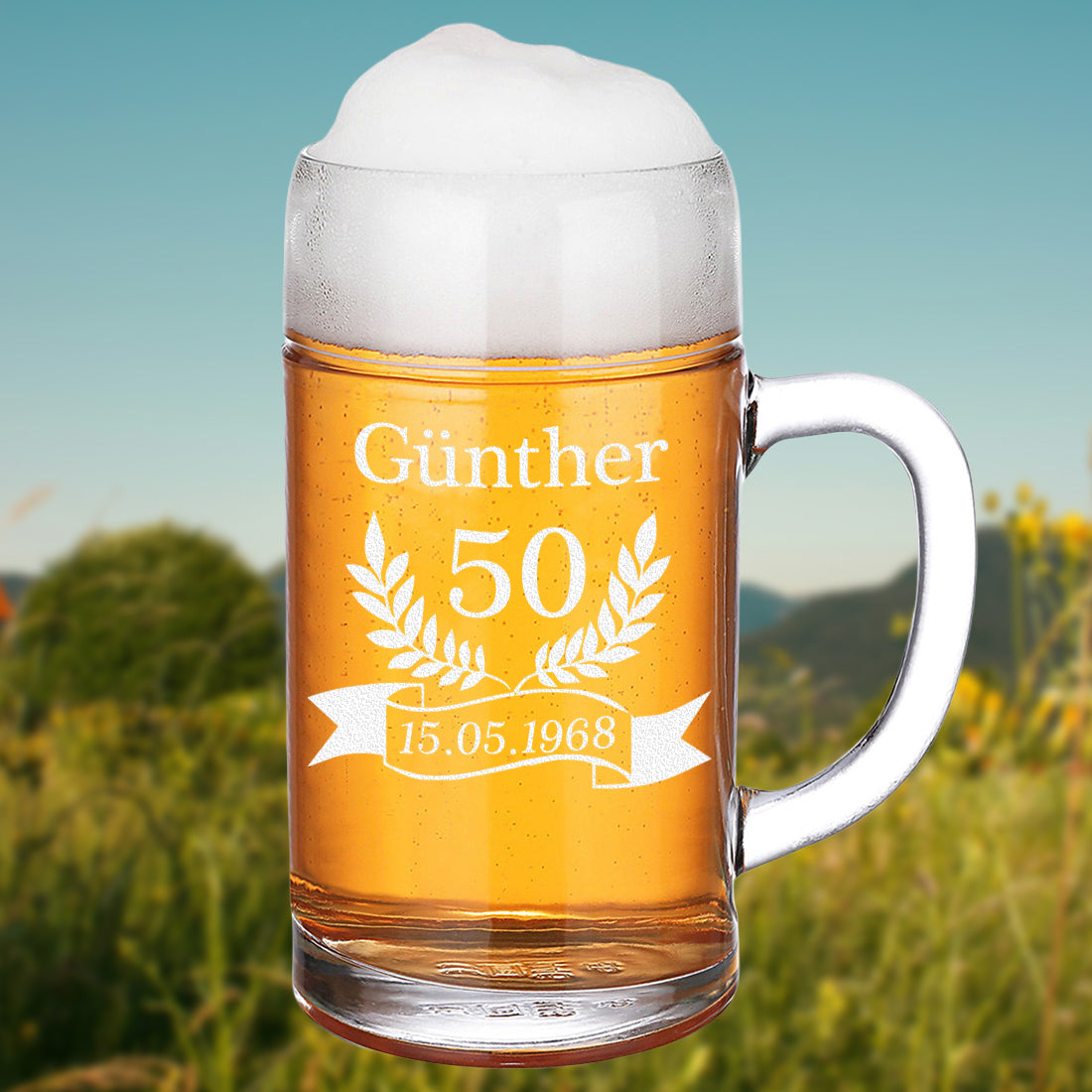 Maßkrug 1 Liter mit Gravur personalisiert - ideal als Geburtstagsgeschenk