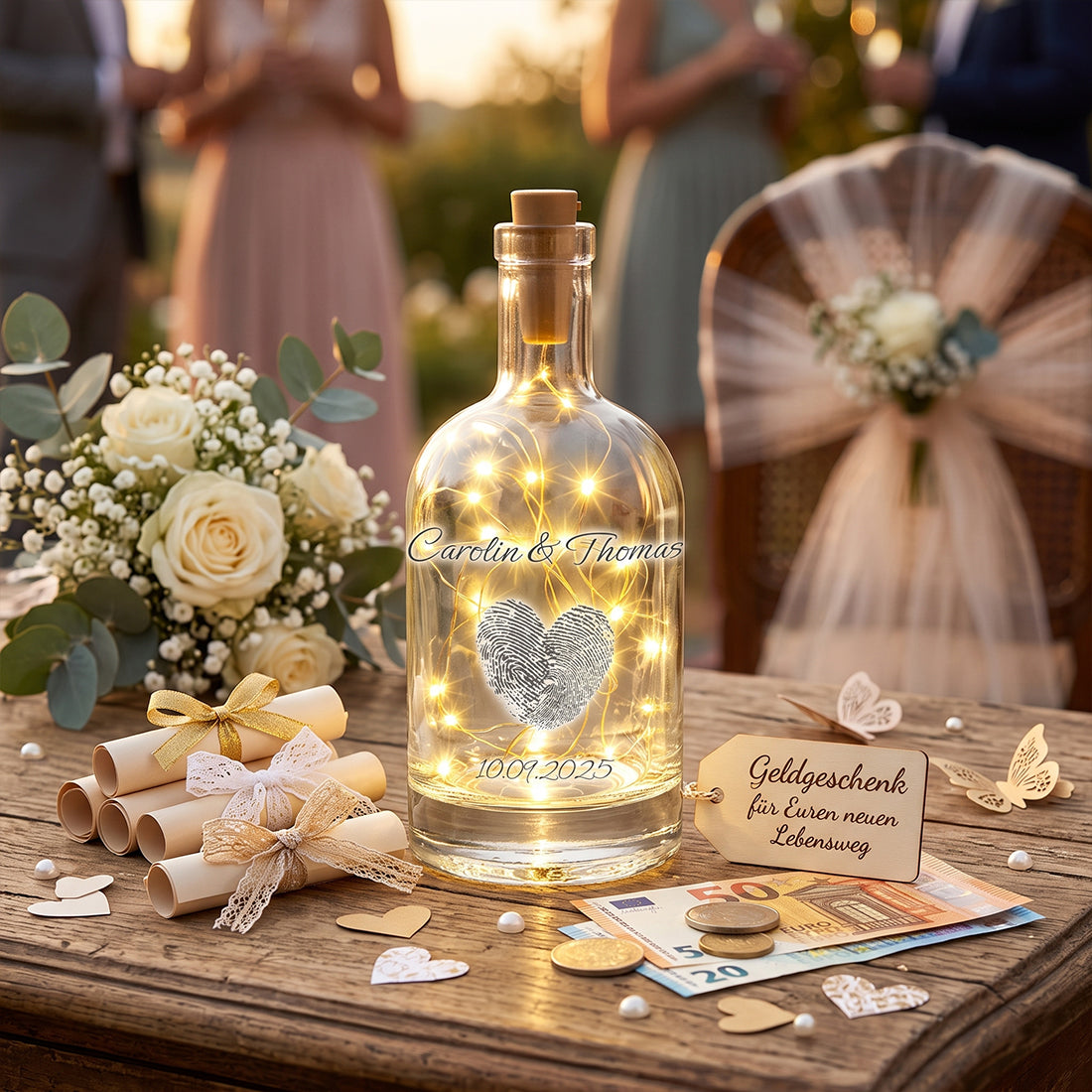 Personalisierte Leuchtflasche mit Fingerabdruck-Herz auf einem festlich dekorierten Hochzeitstisch