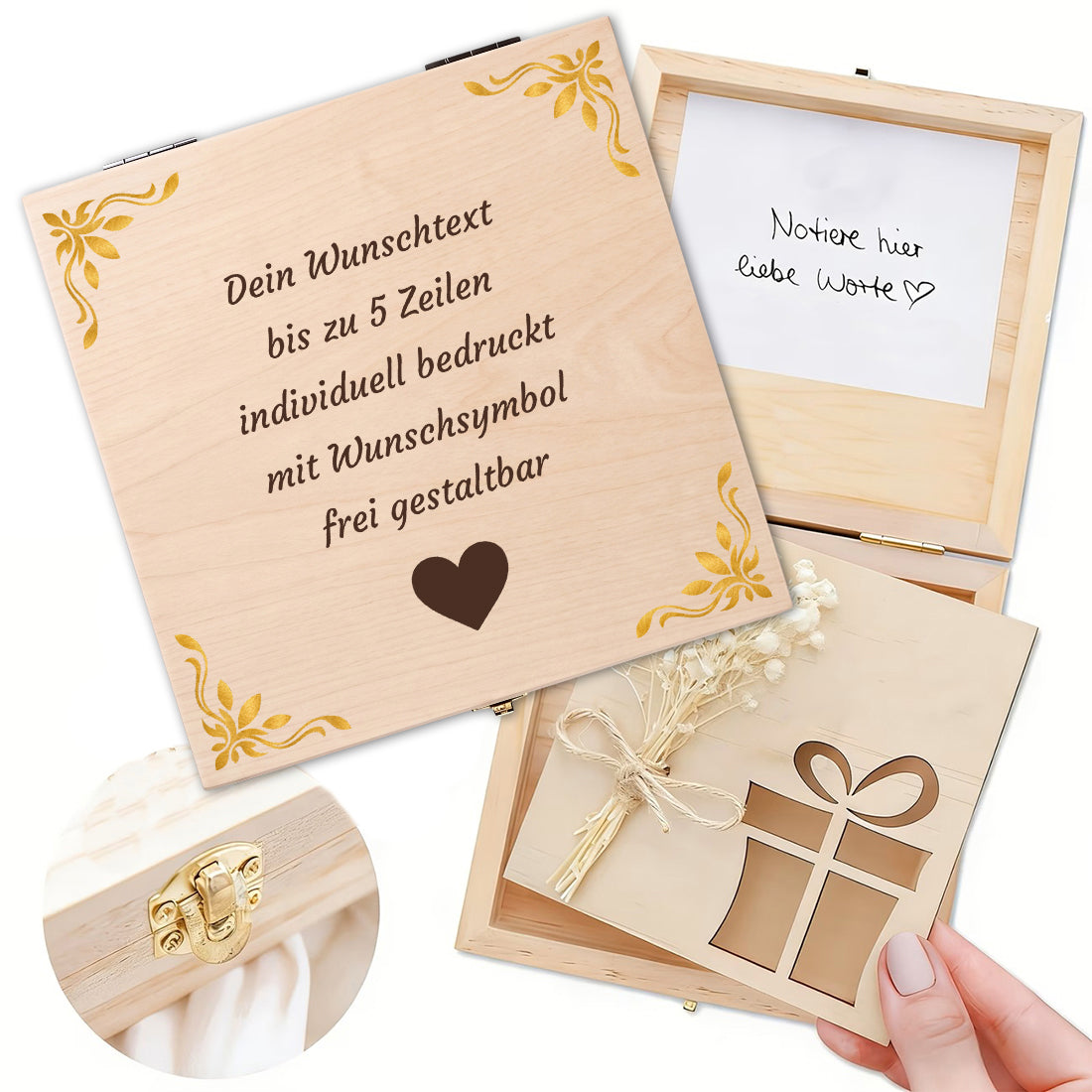 Personalisierte Geldgeschenkbox aus Holz mit Wunschtext und Motiv