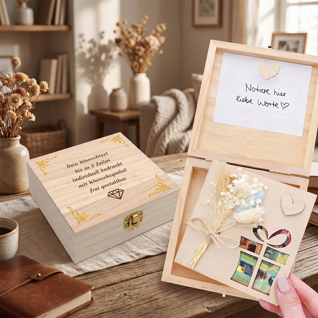 Personalisierte Holzbox mit Trockenblumen, Grußkarte und Geldfach
