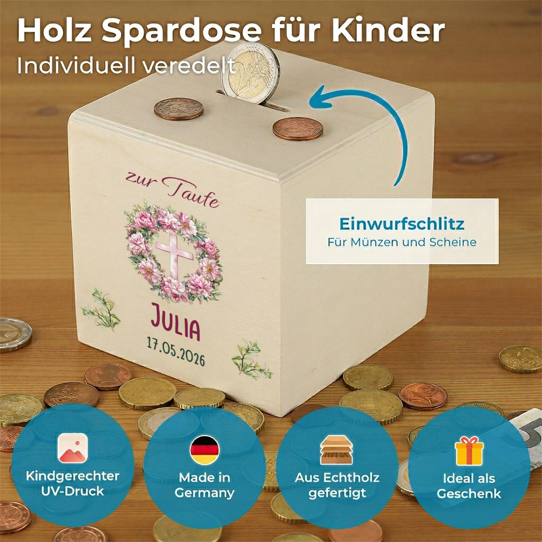 Taufgeschenk für Mädchen: Rosa Aquarell-Blumen und Kreuz auf einem stabilen Holzwürfel.