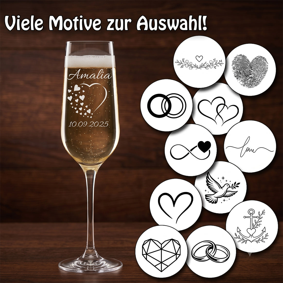 Zwei personalisierte Sektgläser für Caroline und Thomas mit Fingerabdruck-Herz-Gravur, langem Stiel und stabilem Boden.