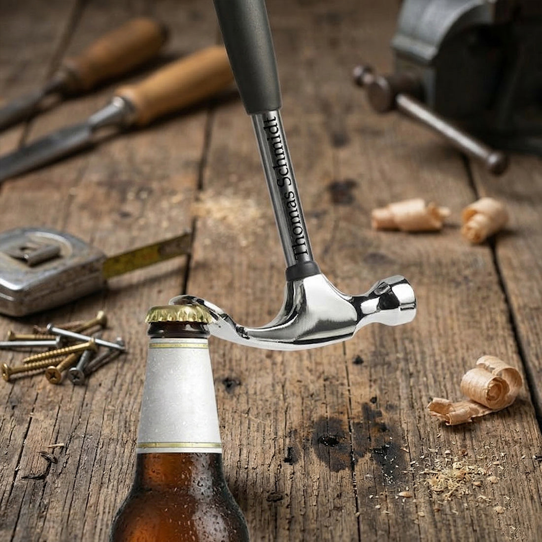 Personalisierter Feierabendhammer mit Wunschgravur | 2-in-1 Flaschenöffner & Hammer