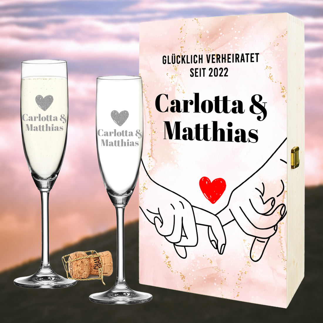 Hochzeitsgeschenk 3er-Set Sektgläser + Holzkiste mit UV-Druck