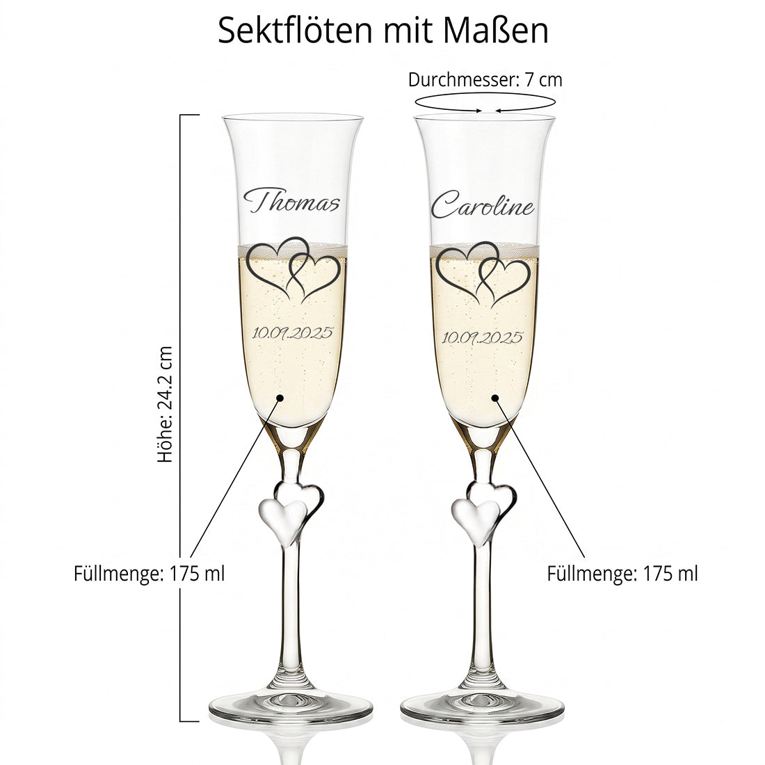 Produktmaße der Sektflöten mit satinierten Herzen am Stiel: Höhe 24,2 cm, Durchmesser 7 cm und 175 ml Füllmenge.