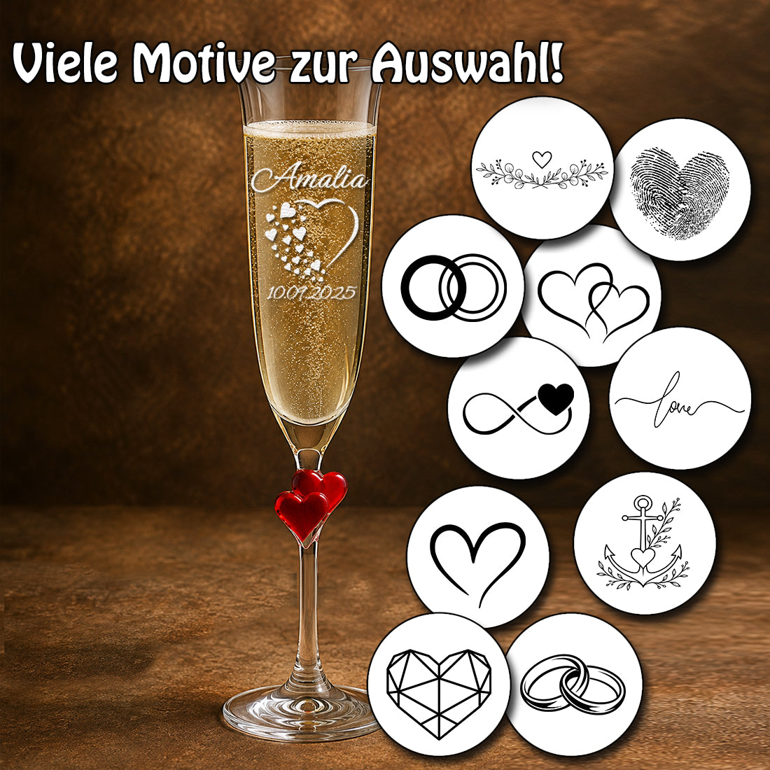 Sektglas mit rotem Herz-Stiel und Übersicht der wählbaren Gravur-Motive wie Ringe, Herzen und Anker.