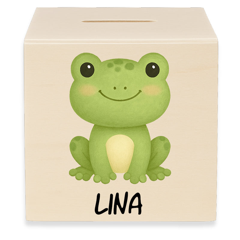 Holzspardose mit Motiv Frosch und dem Beispielnamen Lina in der Vorderansicht