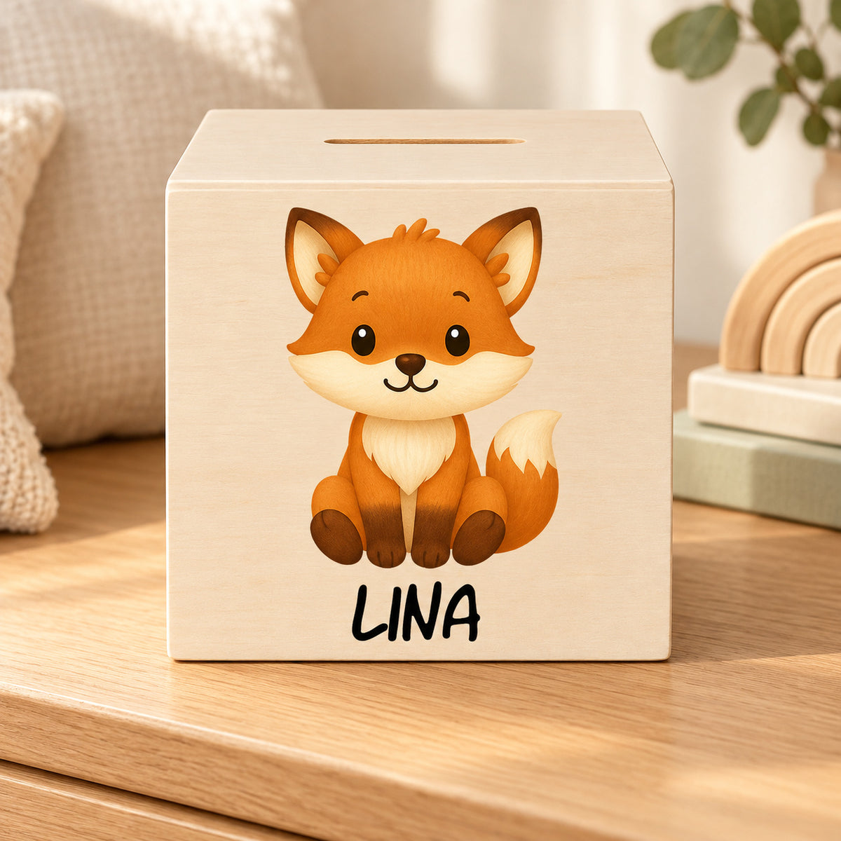 Holzspardose mit Fuchs und Beispielname Lina im Kinderzimmer.