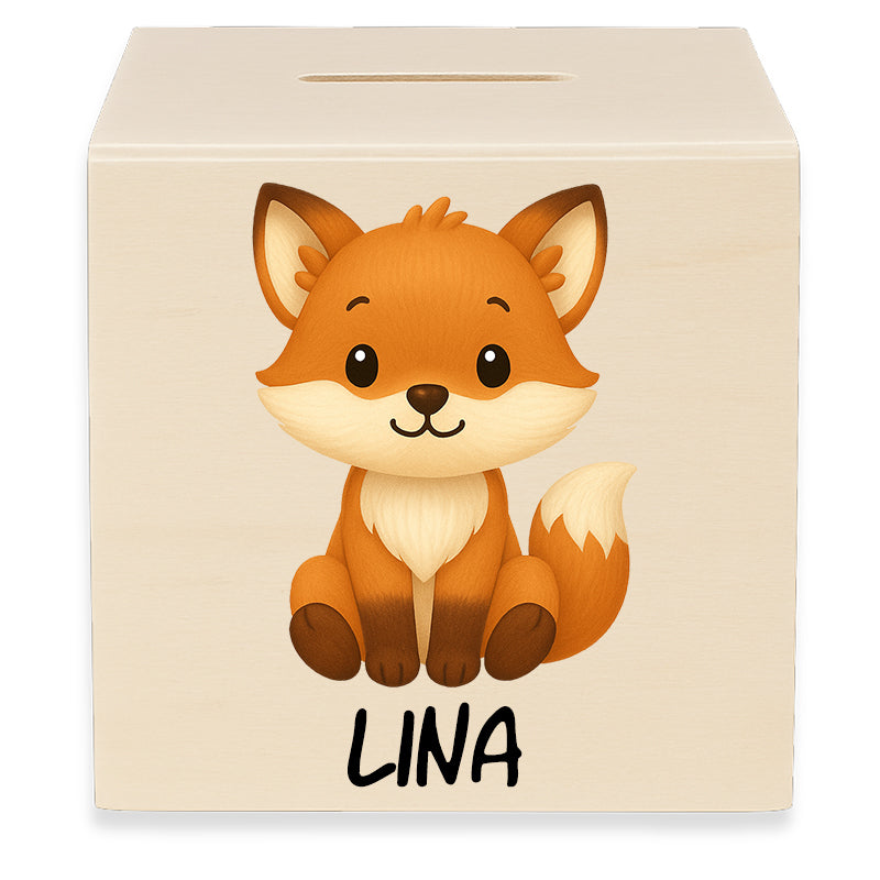 Holzspardose mit Motiv Fuchs und dem Beispielnamen Lina in der Vorderansicht
