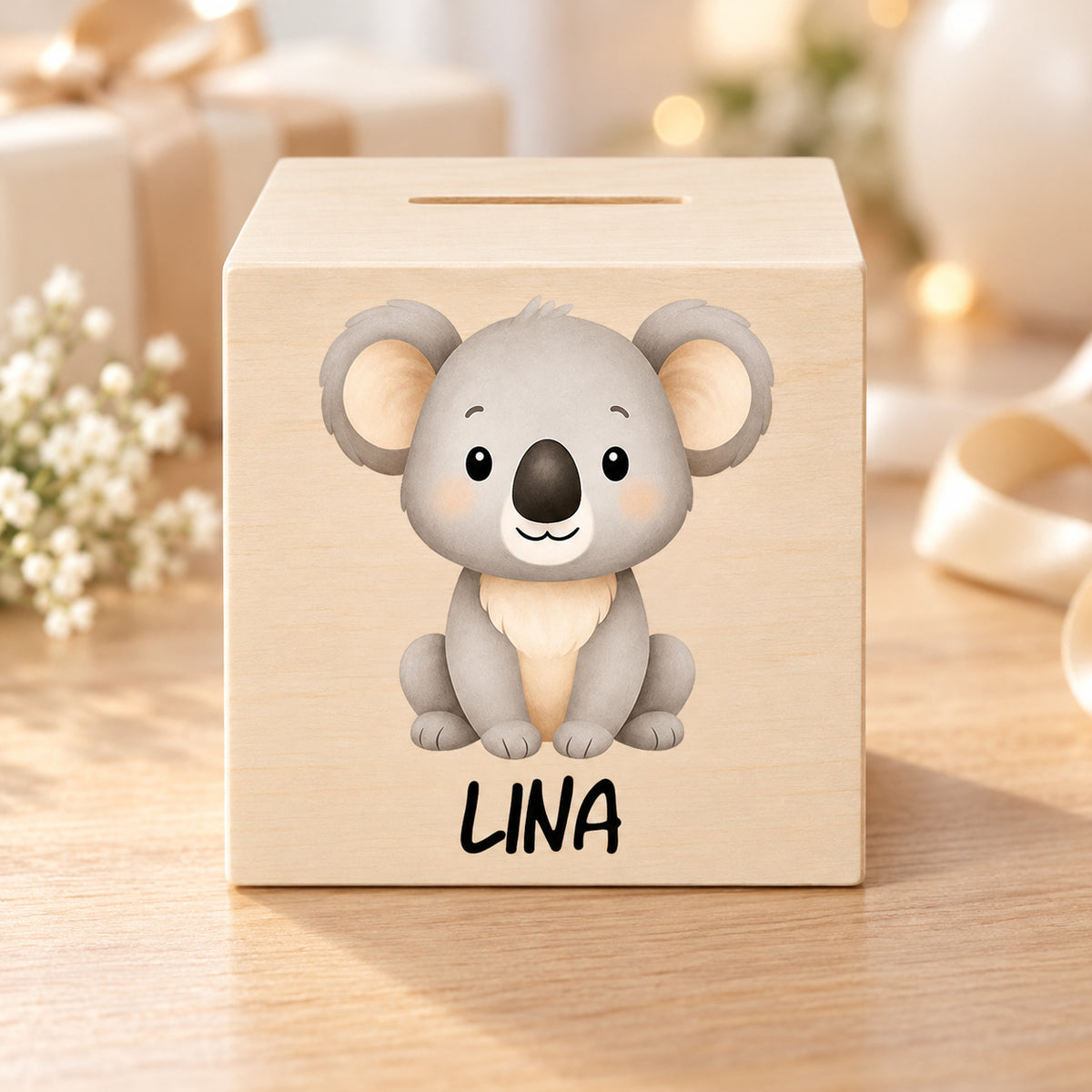 Holzspardose mit Koala und Beispielname Lina in einer warmen Geschenkszene.