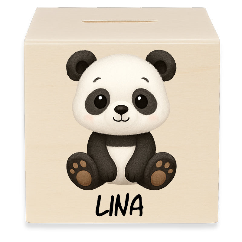 Holzspardose mit Motiv Panda und dem Beispielnamen Lina in der Vorderansicht