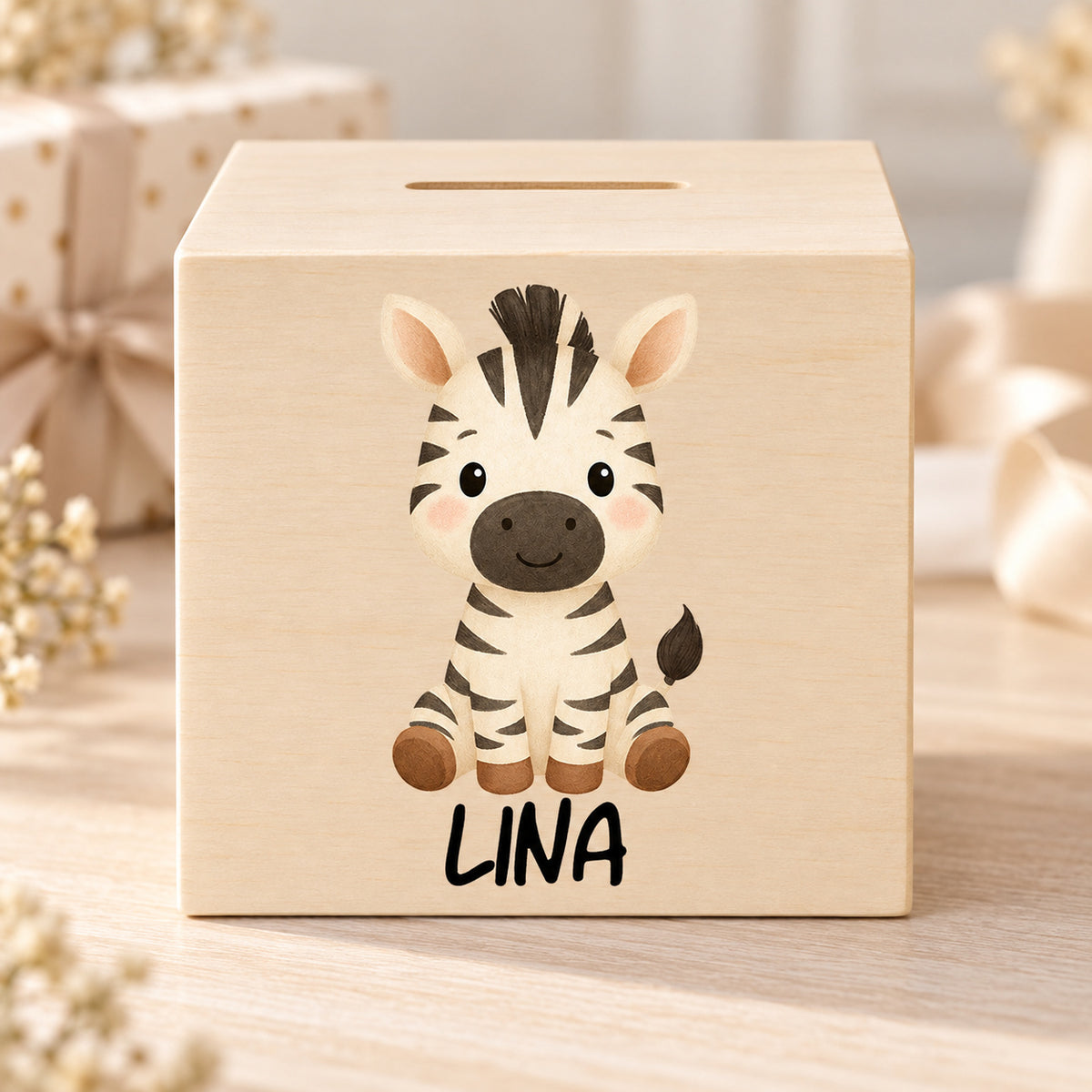 Holzspardose mit Zebra und Beispielname Lina in einer warmen Geschenkszene.