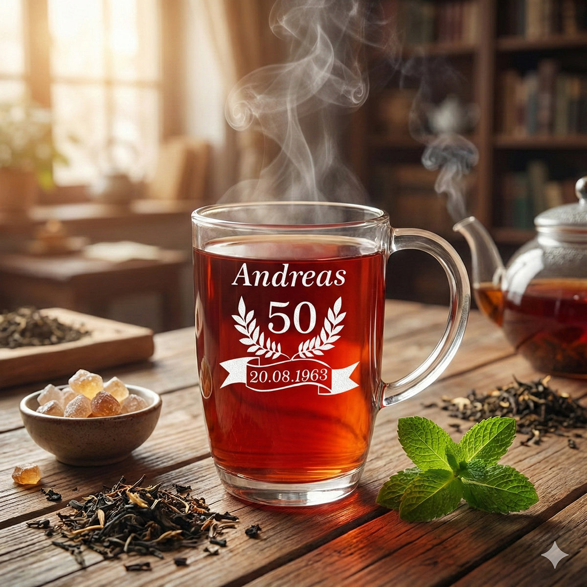 Moderne Teetasse aus Glas 380 ml mit Gravur