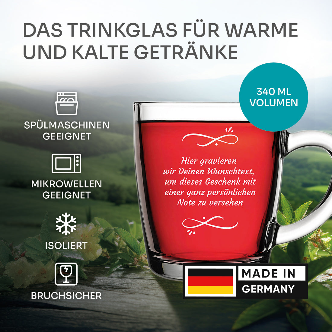 Teetasse aus Glas 340 ml mit Wunschtext