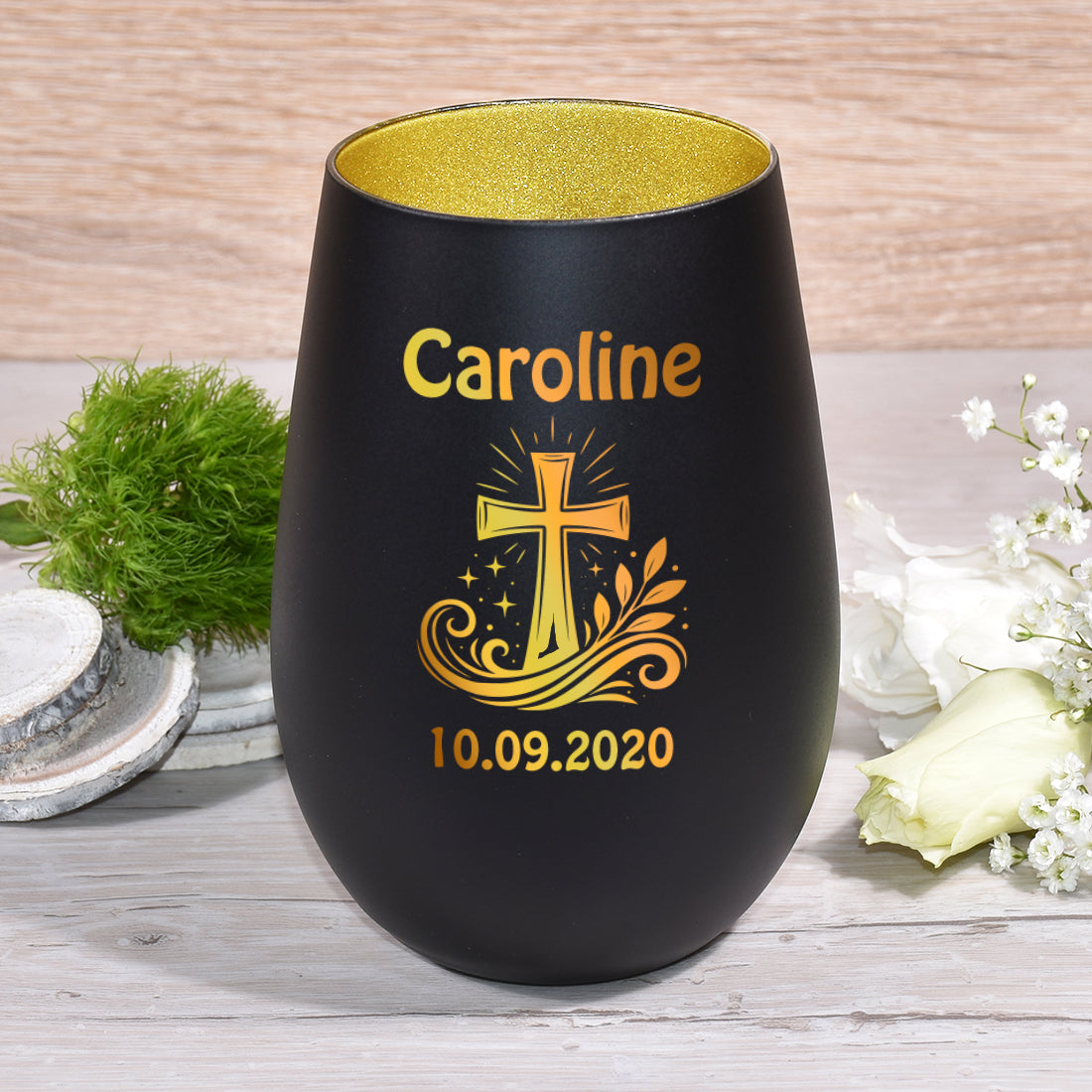Individuelles Windlicht schwarz gold personalisiert Geschenk zur Firmung Taufe