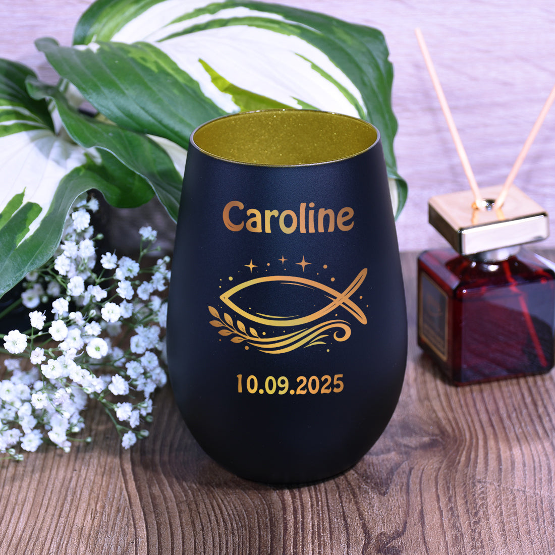 Windlicht personalisiert Gravur schwarz gold mit Name Datum Kommunion Geschenkidee