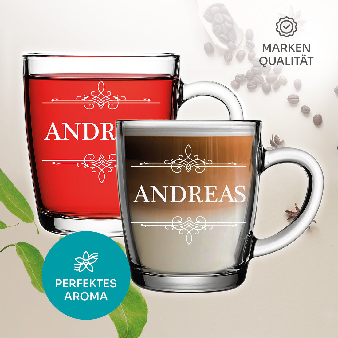 Teetasse aus Glas 340 ml mit personalisierter Gravur - Motiv "Ornament"