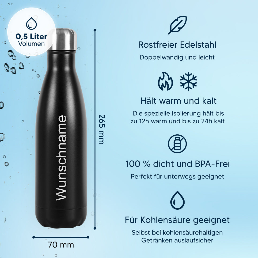Edelstahl Trinkflasche schwarz mit Wunschgravur