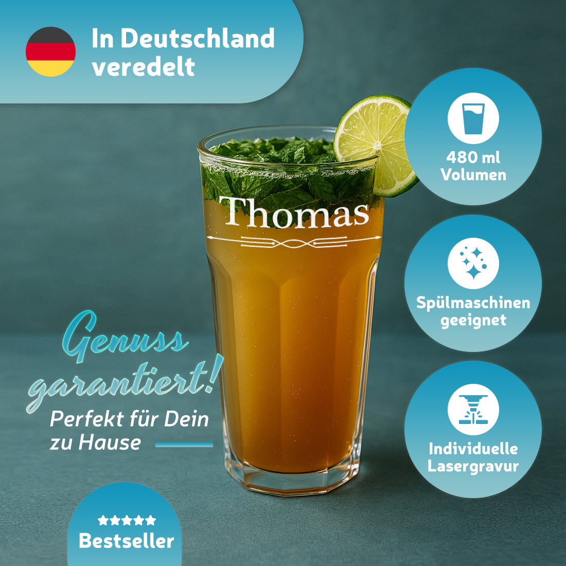 Personalisiertes Cocktailglas 480 ml mit Gravur - mit Namen