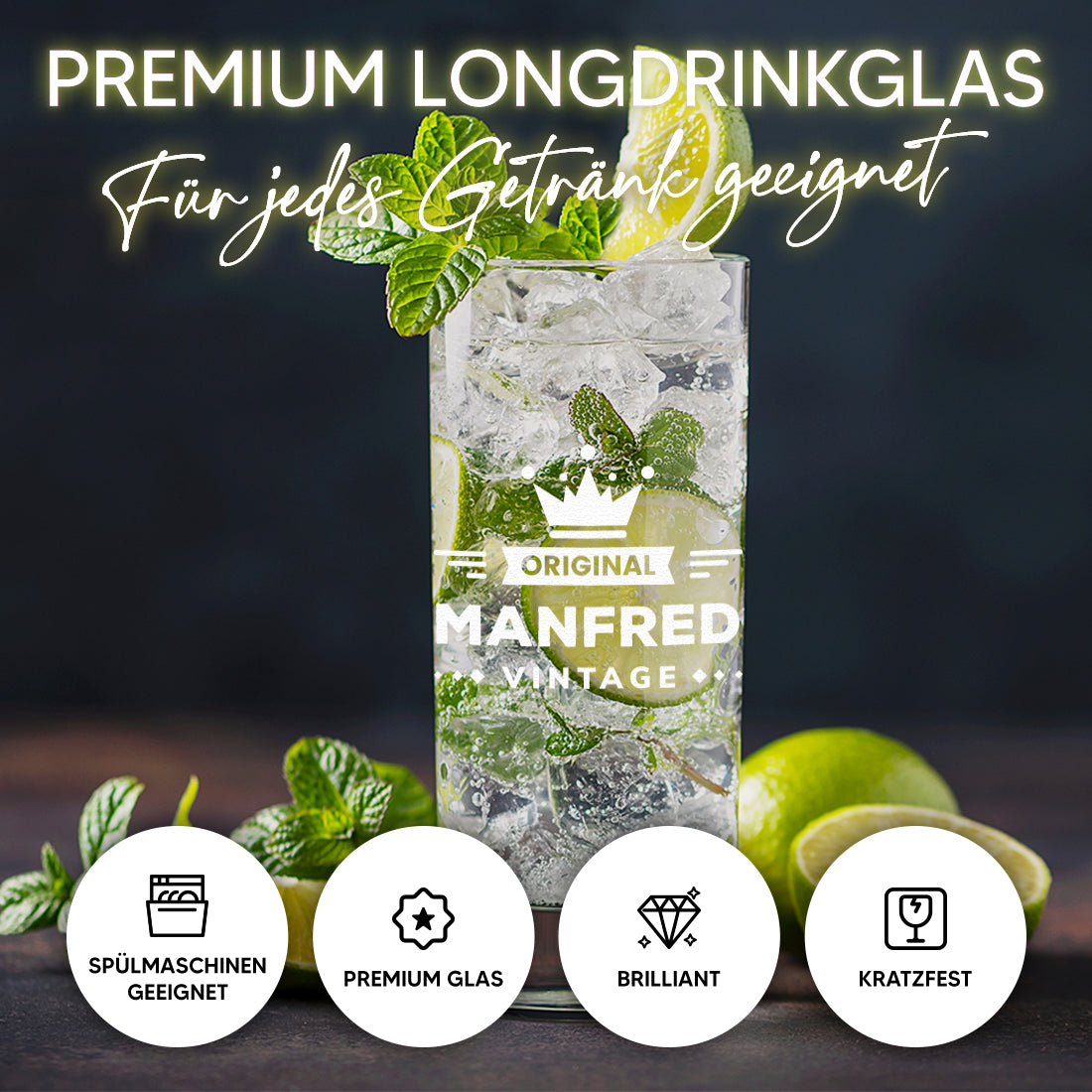 Wasser Trinkglas 485 ml mit Motiv Gravur "Vintage"