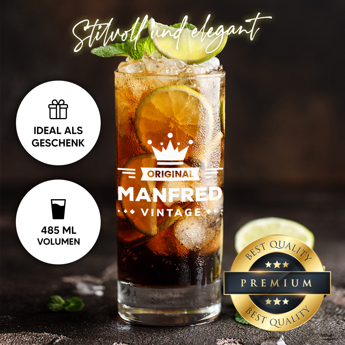 Wasser Trinkglas 485 ml mit Motiv Gravur "Vintage"