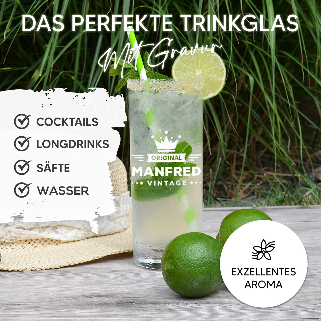 Wasser Trinkglas 485 ml mit Motiv Gravur "Vintage"