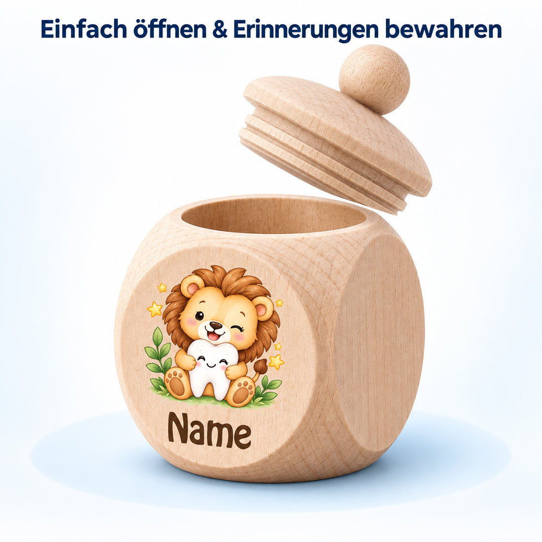 Geöffnete Zahndose aus Holz mit Schraubdeckel und rundem Holzgriff