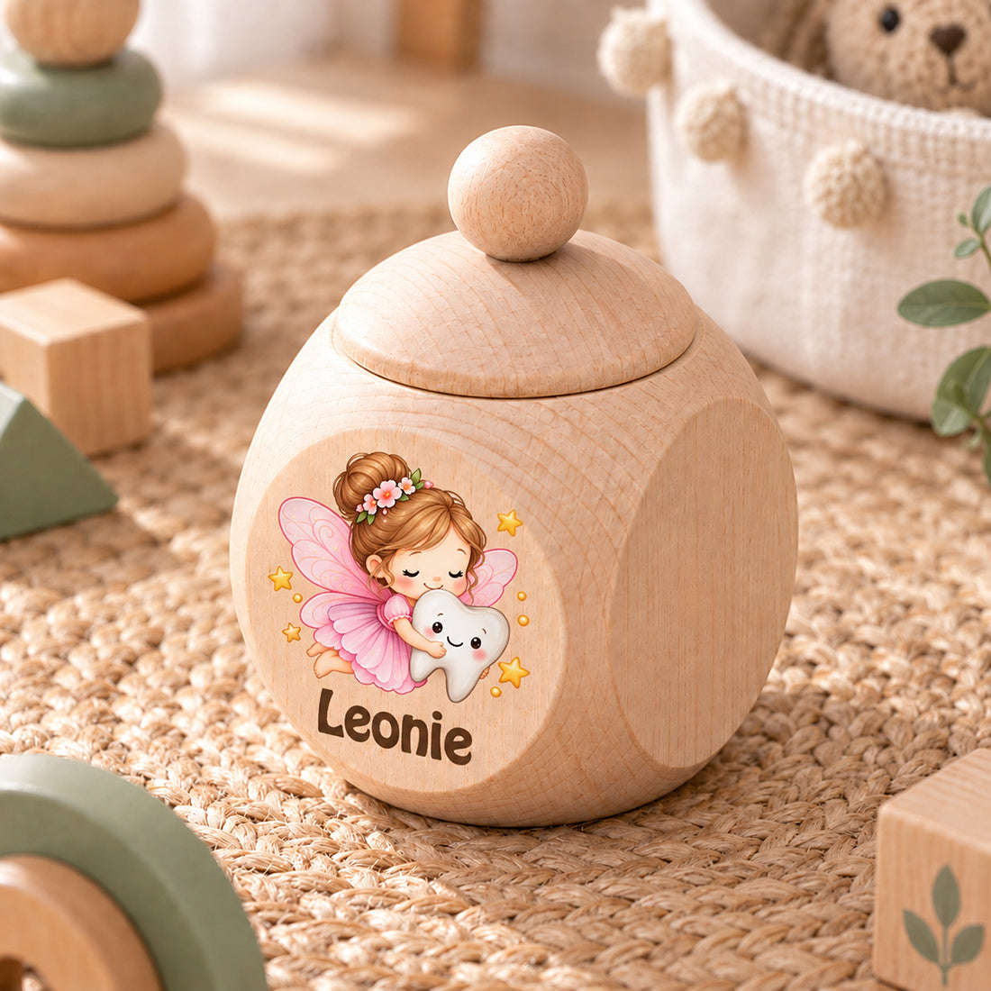 Zahndose mit Zahnfee schräg von oben auf einem geflochtenen Teppich neben Holzspielzeug
