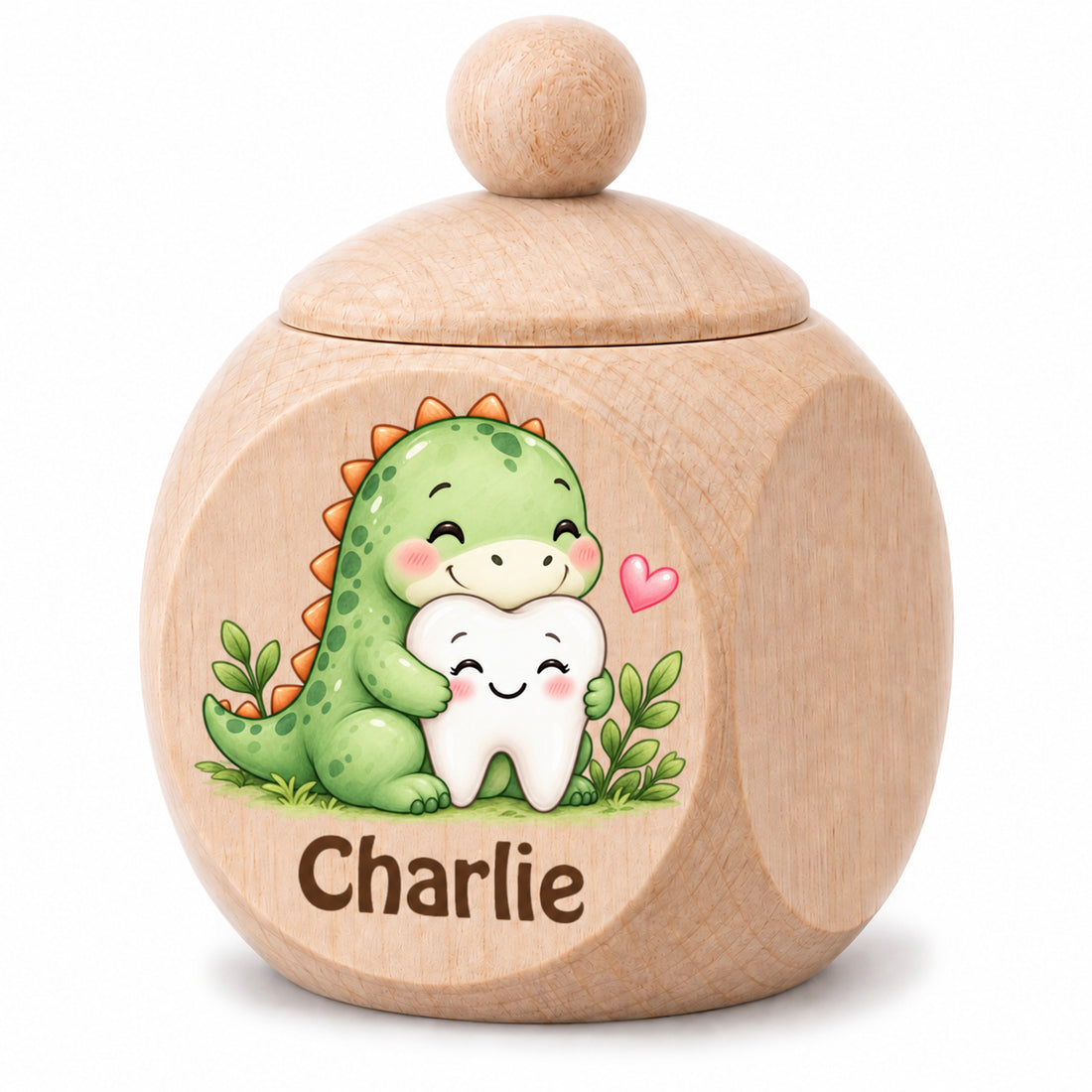 Zahndose aus Ahornholz mit Motiv Dino & Zahn und Beispielname Charlie vor weißem Hintergrund