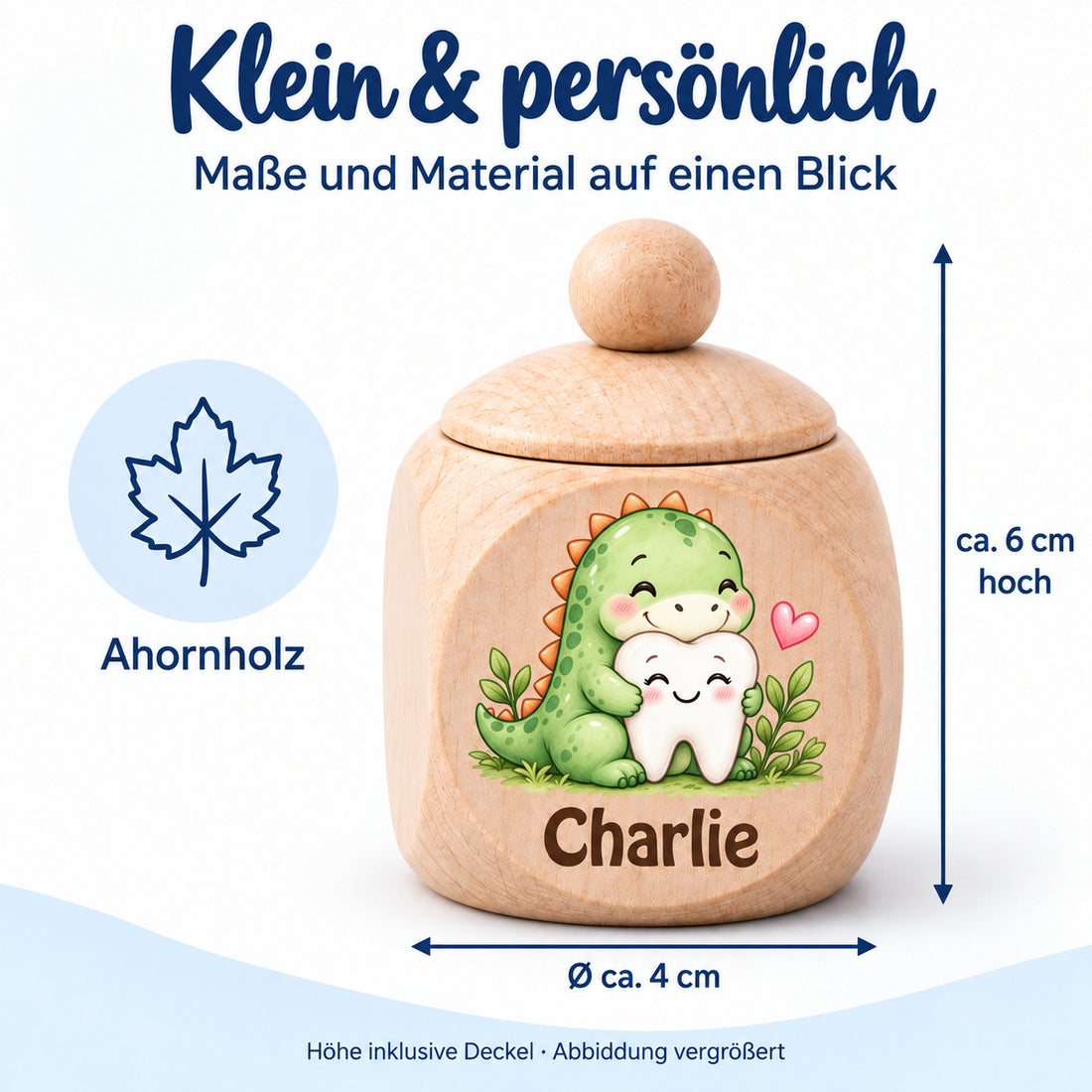 Maßbild der Zahndose mit Motiv Dino & Zahn: ca. 6 cm Höhe und ca. 4 cm Durchmesser