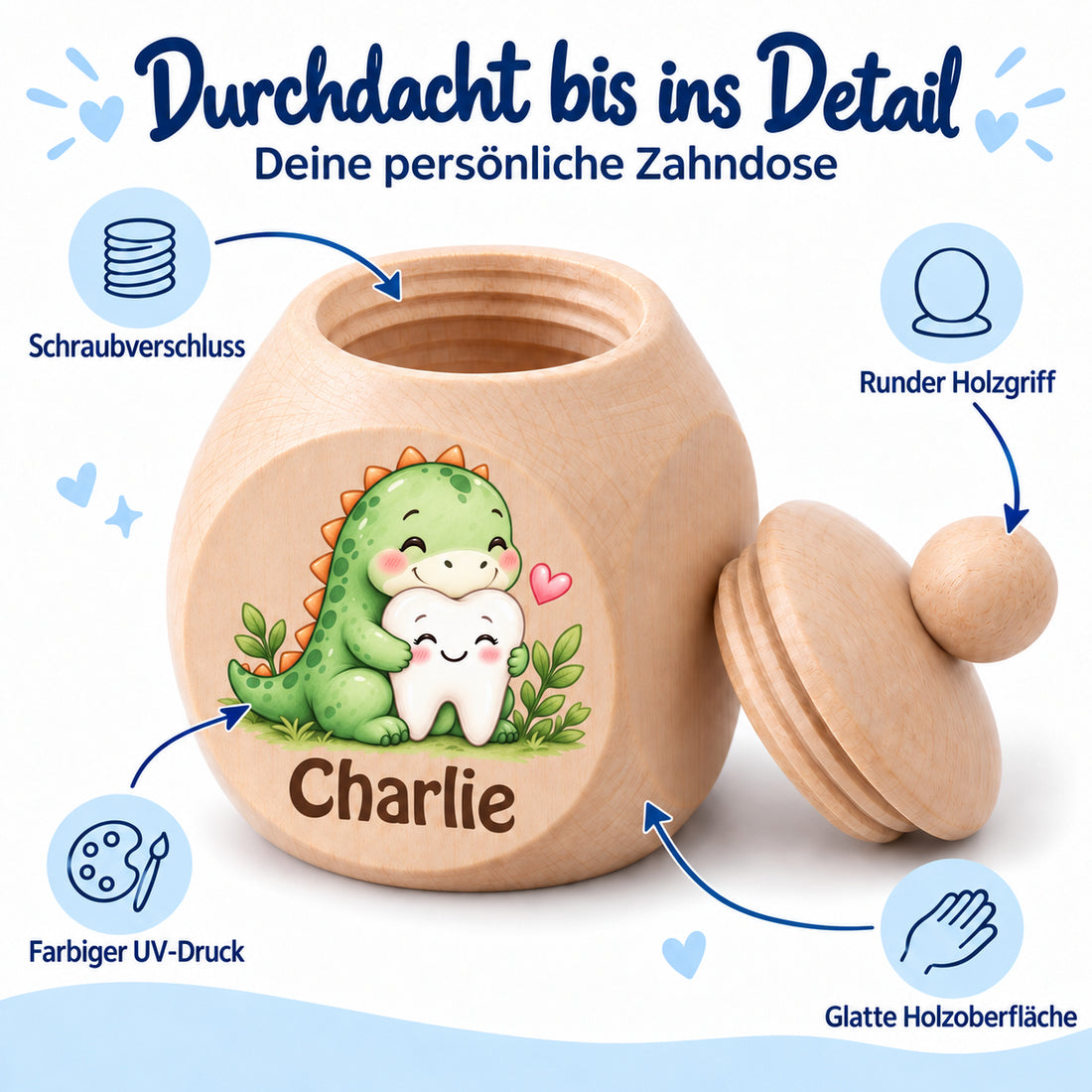 Detailbild der Zahndose mit Motiv Dino & Zahn: UV-Druck, Schraubdeckel und glatte Holzoberfläche