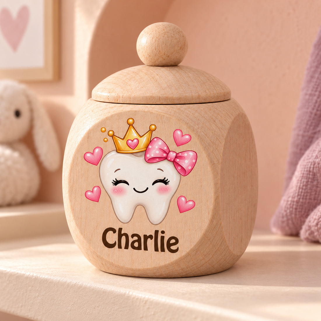 Geschlossene Zahndose mit Motiv Zahnprinzessin mit Schleife und Beispielname Charlie im Kinderzimmer