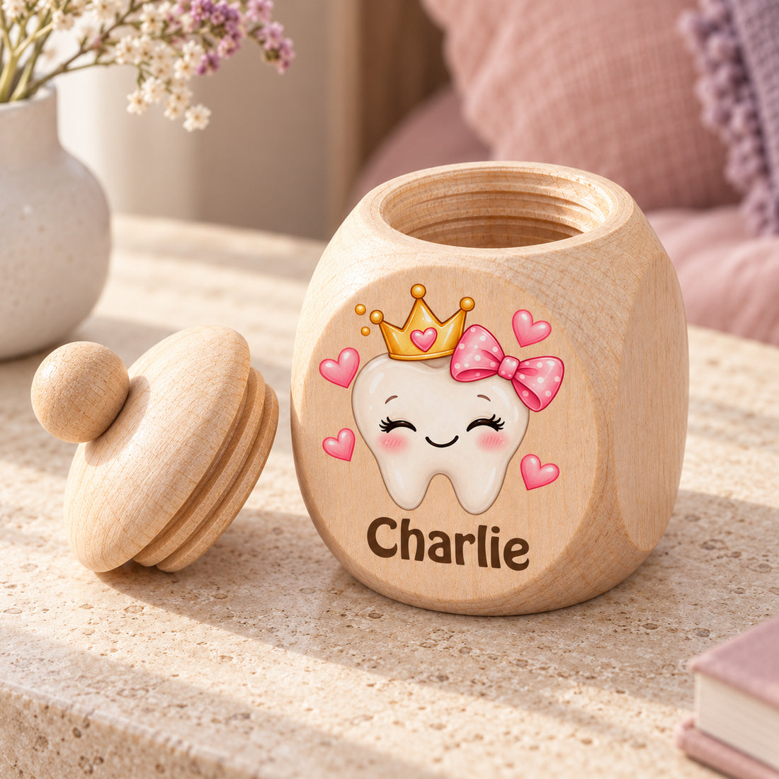 Geöffnete Zahndose mit Motiv Zahnprinzessin mit Schleife, Schraubdeckel daneben im Kinderzimmer