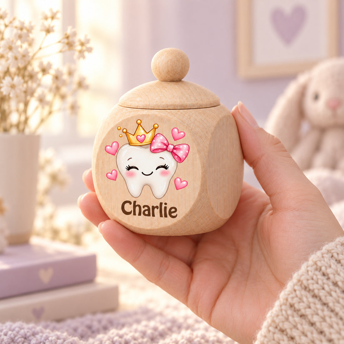Zahndose mit Motiv Zahnprinzessin mit Schleife in einer Hand als Größenvergleich