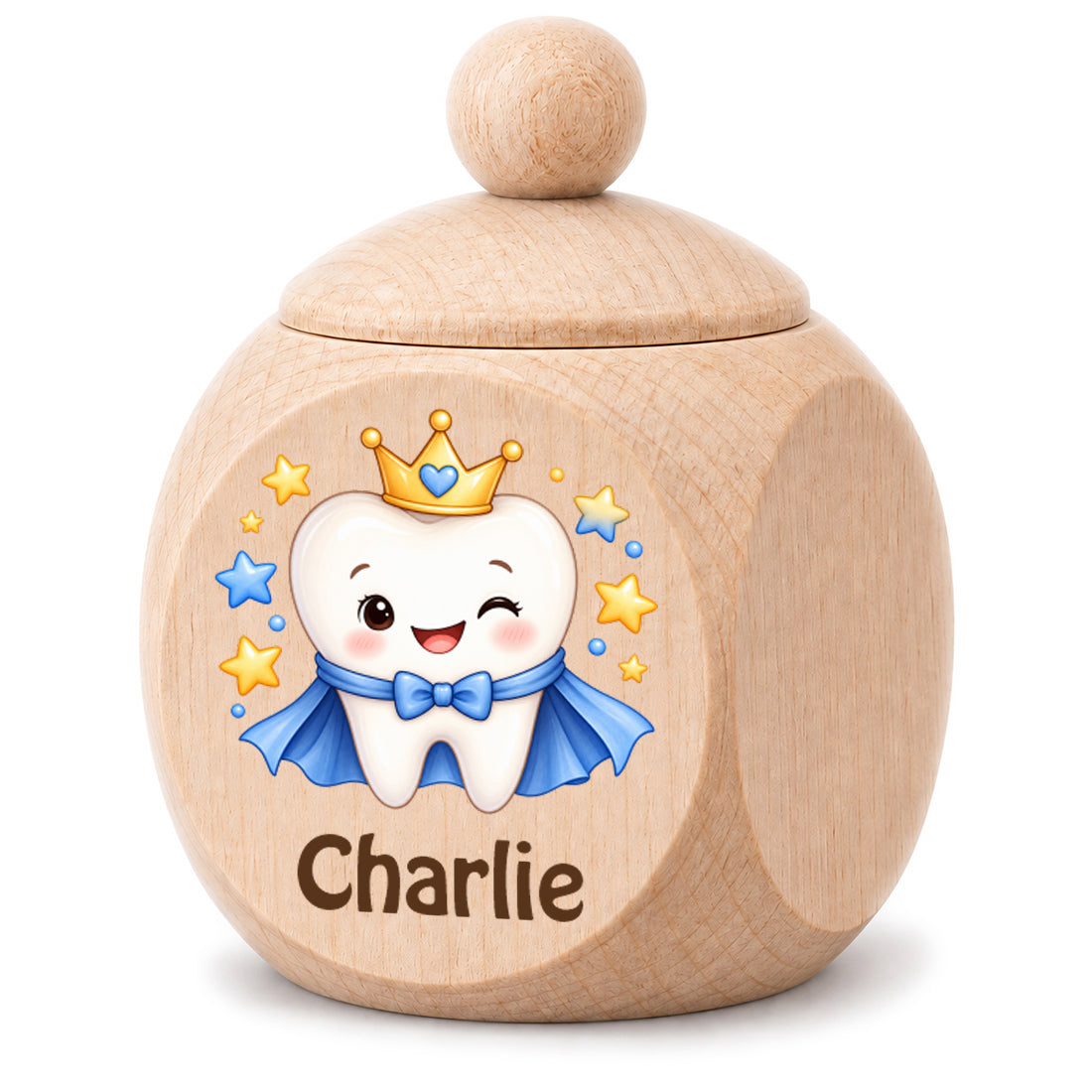 Zahndose aus Ahornholz mit Motiv Zahnprinz und Beispielname Charlie vor weißem Hintergrund